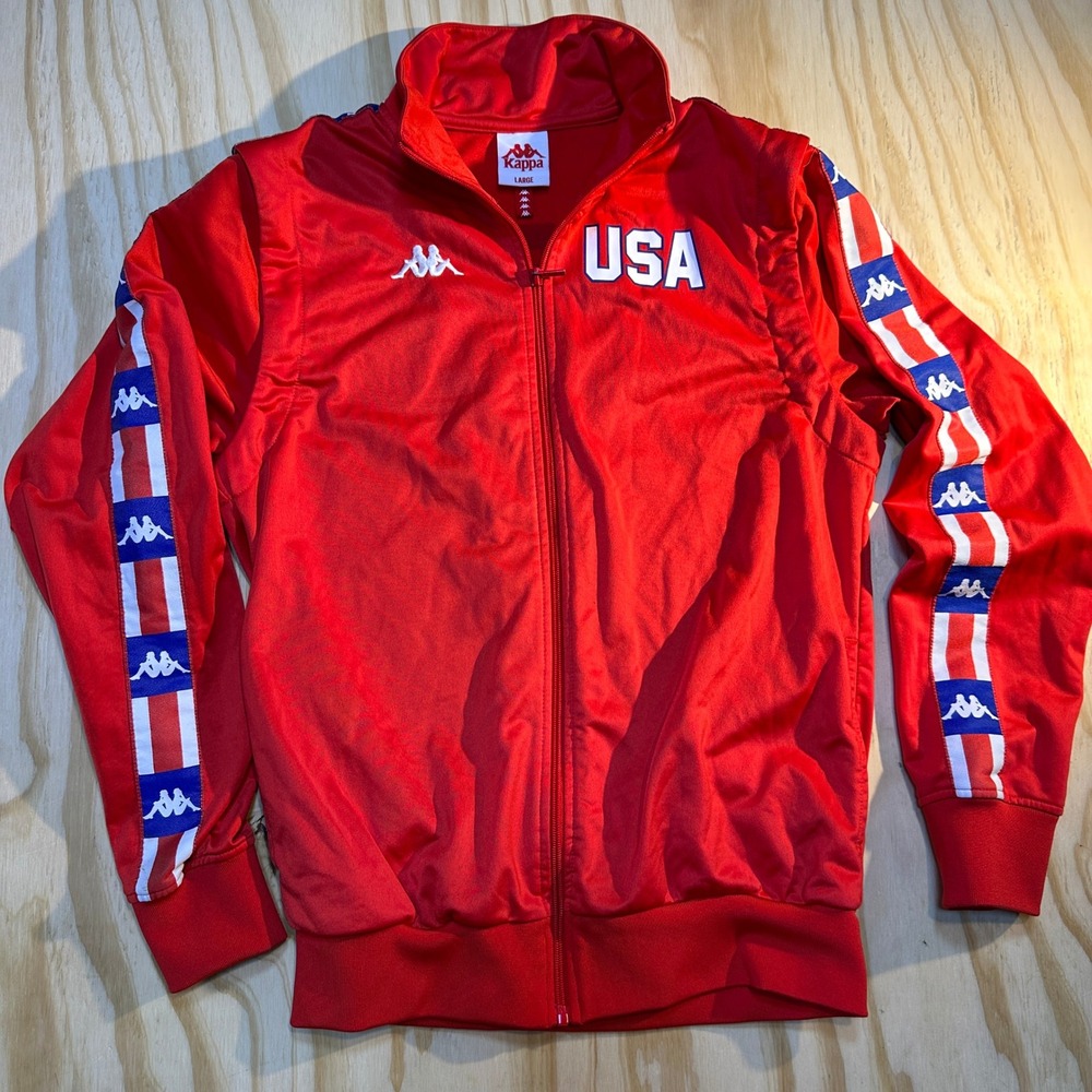 Kappa USA Track Jacket Mens Large Red Omini Logo Tape Full Zip Sportswear